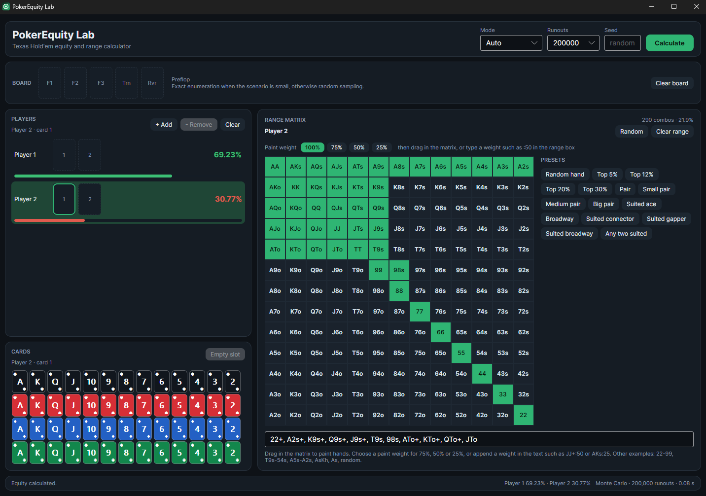 PokerEquity Lab desktop equity calculator: players, the 13x13 range matrix and the card palette